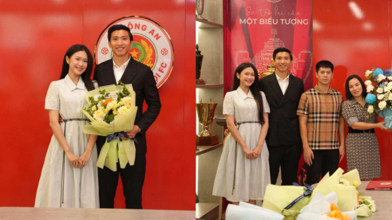 Doãn Hải My tươi tắn đầy hạnh phúc bên Đoàn Văn Hậu trong ngày gia hạn hợp đồng với CAHN