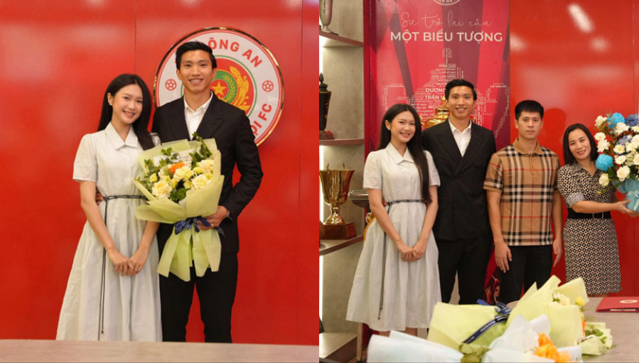 Doãn Hải My tươi tắn đầy hạnh phúc bên Đoàn Văn Hậu trong ngày gia hạn hợp đồng với CAHN